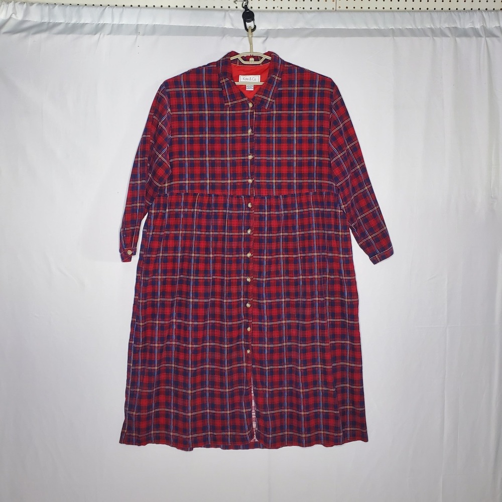 Kate & CO Midi Dress 3X Red Cotton Corduroy Plaid Modest Farmhouse Country
